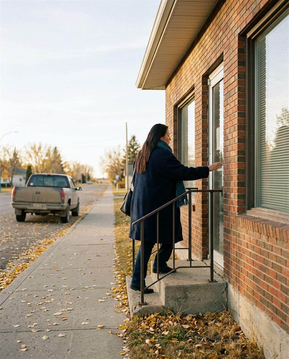 A woman walking up the steps of a small-town health office on an autumn afternoon